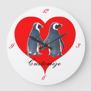 Liebesvögel Penguin Paare Rotes Herz Thunder_Cove Große Wanduhr