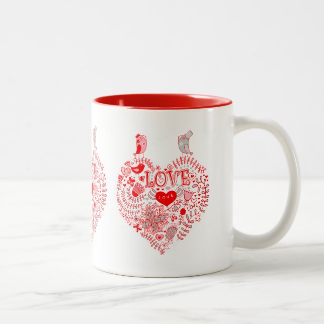 Liebesvögel und ein Herz aus bunten Blume Zweifarbige Tasse (Rechts)