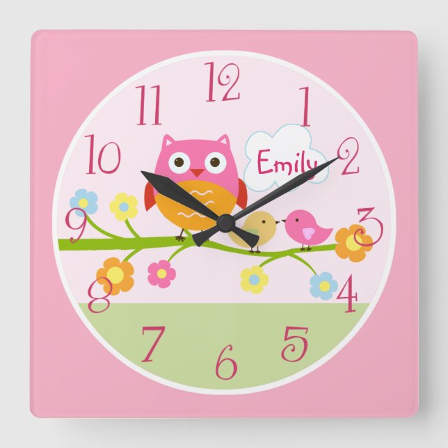 Liebesvögel und Eule auf der Baby-Uhr des Zweigkid Quadratische Wanduhr (Vorderseite)