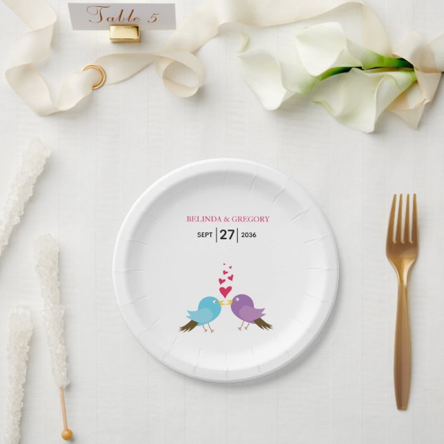 Liebesvögel und Herz-Hochzeit Pappteller (Hochzeit)