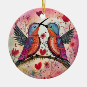 Liebesvögel Valentinherzen und Blume Keramik Ornament