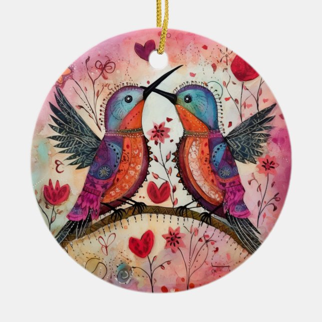 Liebesvögel Valentinherzen und Blume Keramik Ornament (Vorne)