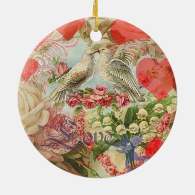Liebesvögel Vintag antikes Herz Keramik Ornament (Hinten)