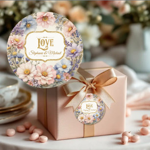 LIEBEVintage-Blumen-Typografie Rosa Blau und Gold Runder Aufkleber