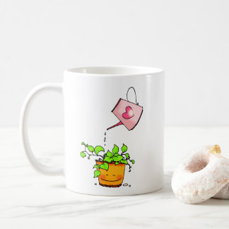 Liebevolle Bewässerung, Glückliche Zimmerpflanze Kaffeetasse