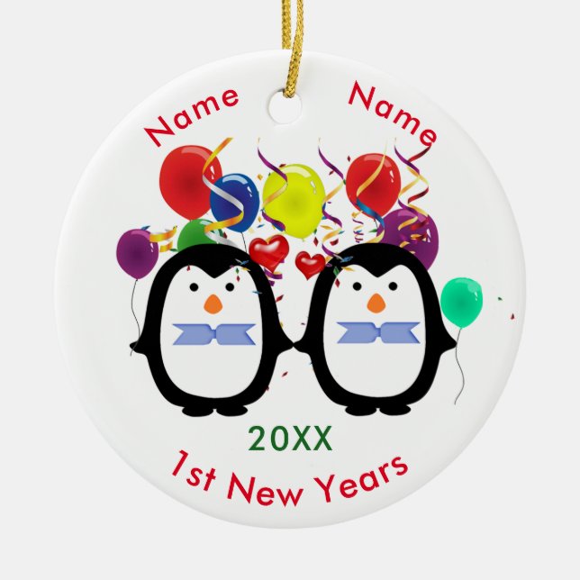 Liebevolle Pinguin-Paare zwei Mannes1. neue Jahre Keramikornament (Vorne)