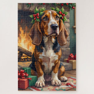 Liebevoller Basset Hound Hund mit Weihnachtskranz