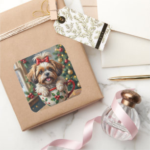 Liebevoller Shih Tzu Hund in Weihnachtstassen-Cozy Quadratischer Aufkleber