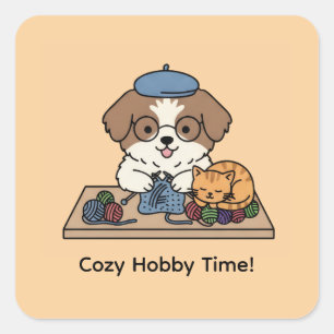 Liebevoller Shih Tzu Strickender Cartoon-Handwerk- Quadratischer Aufkleber