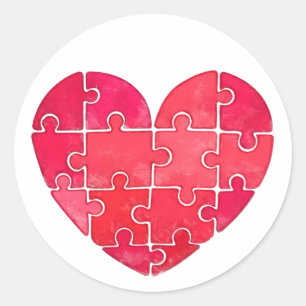 Liebevolles rotes Puzzle-Wasserfarben-Herz Runder Aufkleber