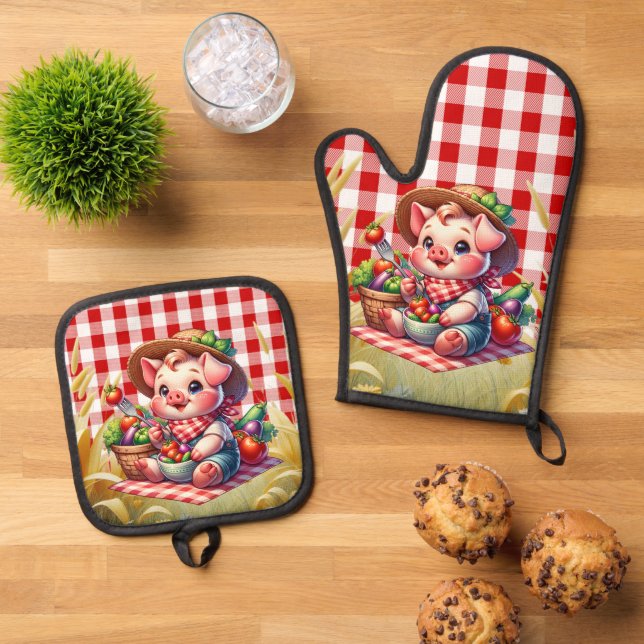 Liebhaber von niedlichen Landschweinen Ofenhandschuh & Topflappen-Set (Oben Unten)