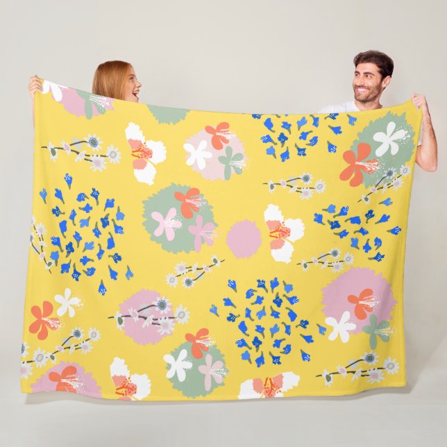Lieblich bunter Sommer floral l Retro l Gelb Fleecedecke (Beispiel)