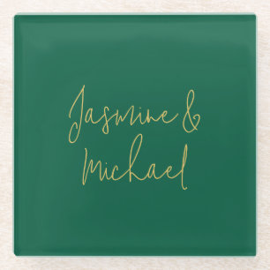 Lieblich Chic Calligraphy Couple Names Green & Gol Glasuntersetzer