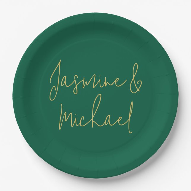 Lieblich Chic Calligraphy Couple Names Green & Gol Pappteller (Vorderseite)