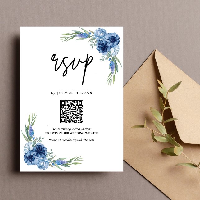 Lieblich Dusty Blue Floral QR Code Wedding RSVP Karte (Von Creator hochgeladen)