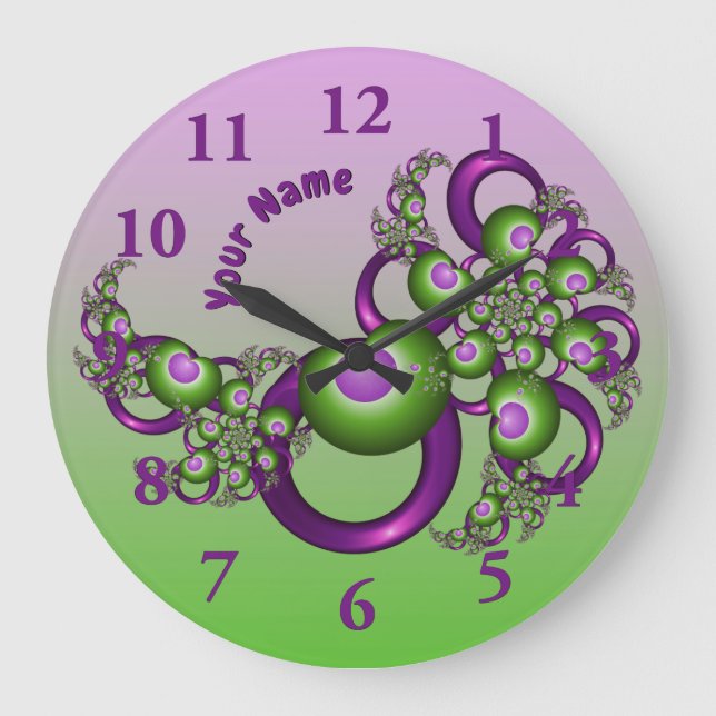 Lieblich rosa grüne Herzen Modernes Fraktal Name Große Wanduhr (Vorderseite)