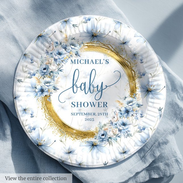 Lieblich staubige Blumen goldfarben boho personali Pappteller (Lovely dusty blue flowers gold boho personalized Paper Plates)
