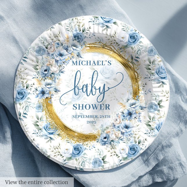 Lieblich staubige Blüten, personalisiertes Baby Pappteller (Lovely dusty blue flowers gold personalized baby Paper Plates)