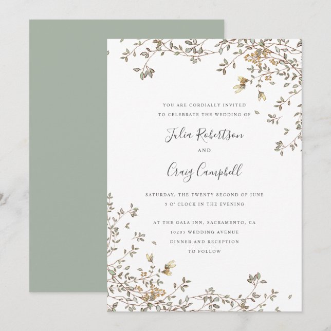 Lieblich Tiny Green Blätter Whimsical Hochzeit Einladung (Vorne/Hinten)