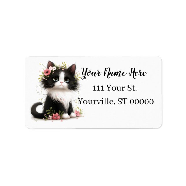 Lieblich Tuxedo Kitten mit Blume Adressaufkleber (Vorne)