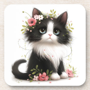 Lieblich Tuxedo Kitten mit Blume Getränkeuntersetzer