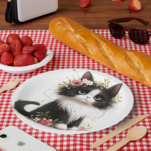 Lieblich Tuxedo Kitten mit Blume Pappteller