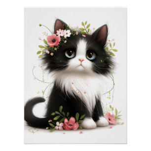 Lieblich Tuxedo Kitten mit Blume Poster
