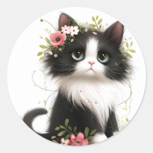 Lieblich Tuxedo Kitten mit Blume Runder Aufkleber