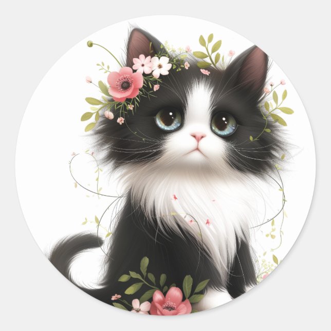 Lieblich Tuxedo Kitten mit Blume Runder Aufkleber (Vorderseite)