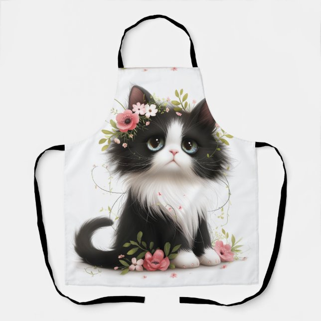 Lieblich Tuxedo Kitten mit Blume Schürze (Vorderseite)
