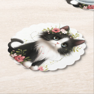 Lieblich Tuxedo Kitten mit Blume Untersetzer