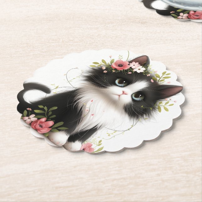 Lieblich Tuxedo Kitten mit Blume Untersetzer (angewinkelt)