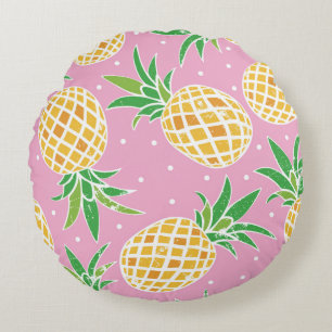 Liebliche Ananas auf grunge rosa Polka Punkte Back Rundes Kissen