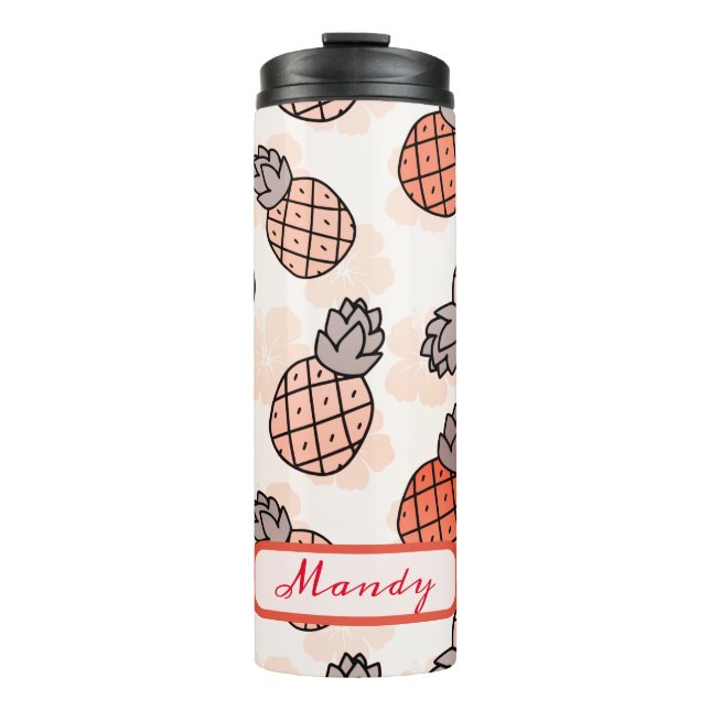 Liebliche Ananas farbige Textanordnungen in orange Thermosbecher (Vorderseite)