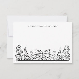 Liebliche Blätter Schwarz-Weiß-Henna Hochzeit Mitteilungskarte
