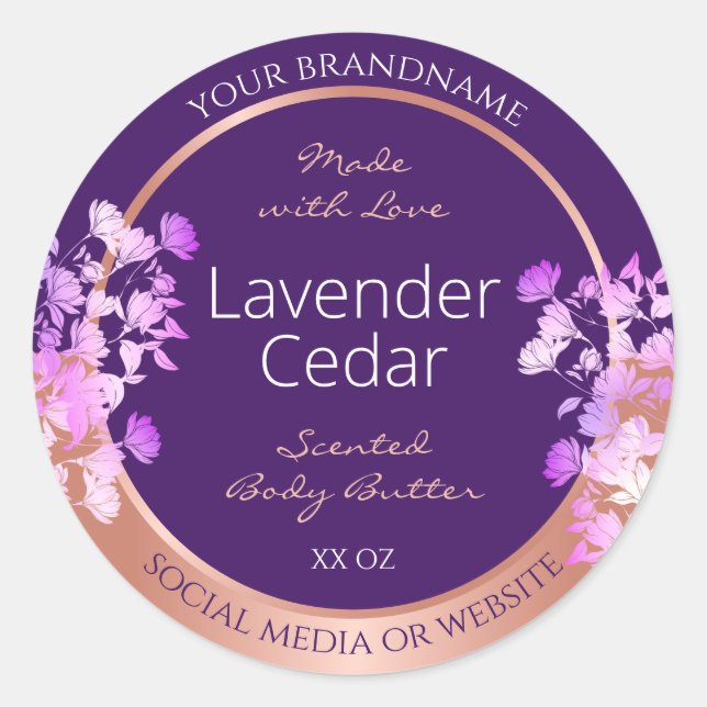 Liebliche Blumenmarken Lila und Rose Gold Runder Aufkleber (Vorderseite)