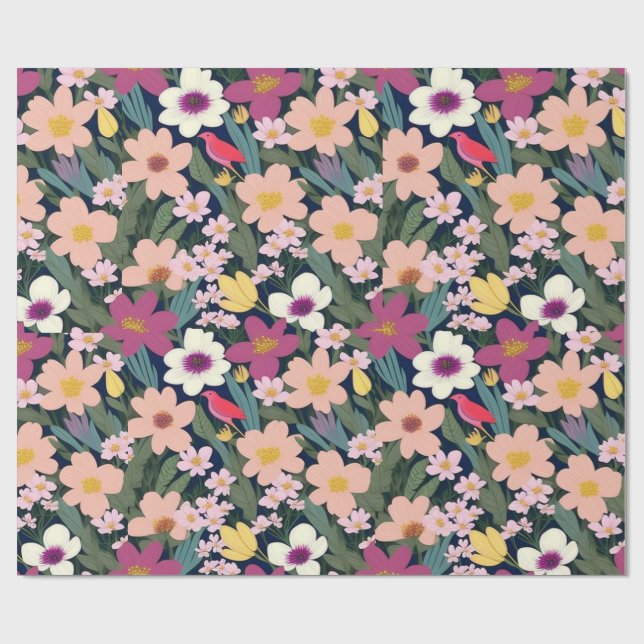 Liebliche bunte Blume und Vögel Umschlagpapier Geschenkpapier (Flach)