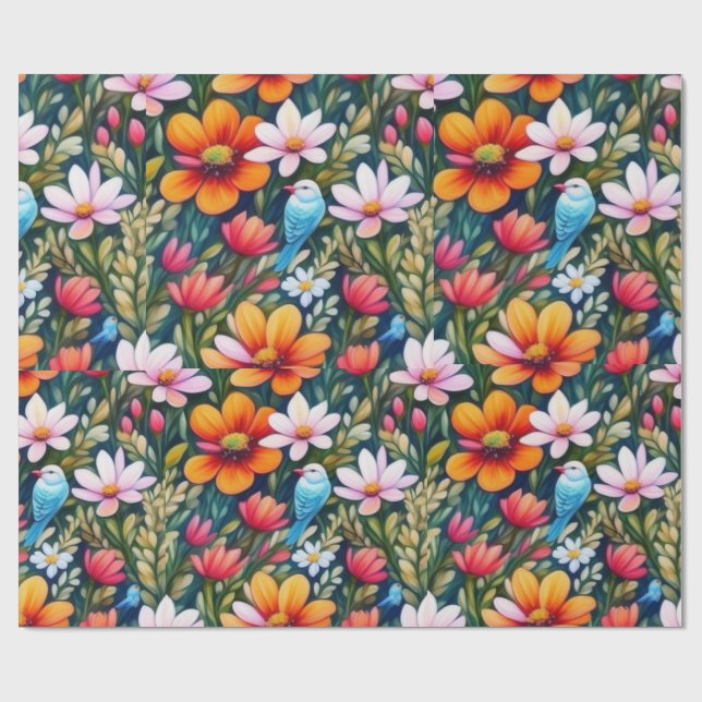 Liebliche bunte Blume und Vögel Umschlagpapier Geschenkpapier (Flach)