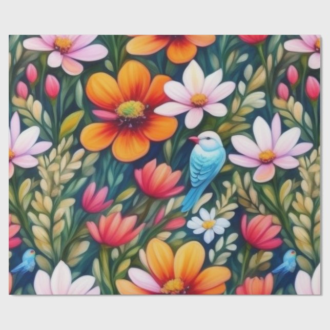 Liebliche bunte Blume und Vögel Umschlagpapier Geschenkpapier (Flach)