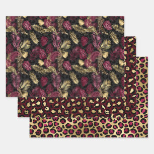 Liebliche Burgunder und Gold Leopard Print Geschenkpapier Set