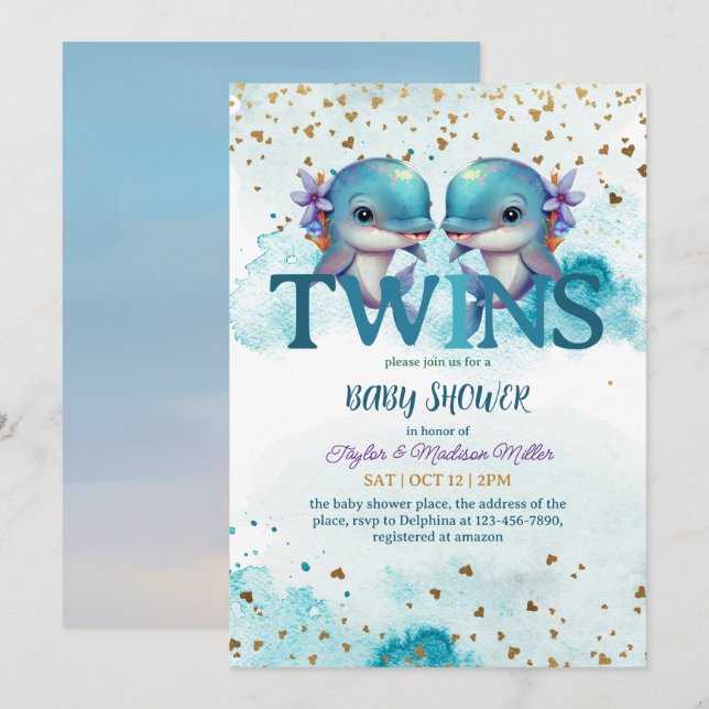 Liebliche Dolphin Niedlich Baby Twin Boys Dusche Einladung (Vorne/Hinten)