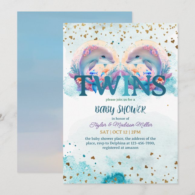 Liebliche Dolphin Niedlich Baby Twins Dusche Einladung (Vorne/Hinten)