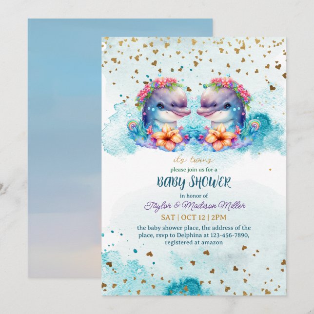 Liebliche Dolphin Niedlich Twin Baby Boy Dusche Einladung (Vorne/Hinten)