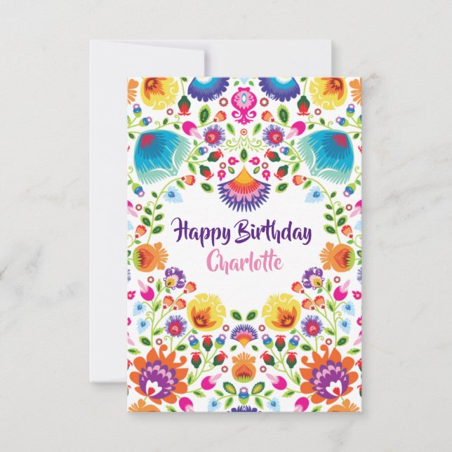 Liebliche Folklore Happy Birthday Card Dankeskarte (Vorderseite)