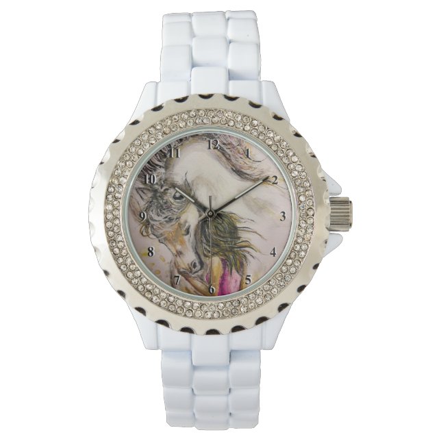 Liebliche Freunde beobachten Weißes Pferd und Mädc Armbanduhr (Vorderseite)