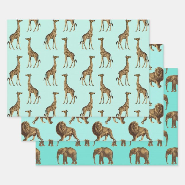 Liebliche Giraffen, Löwen und Elefanten Geschenkpapier Set (Set)