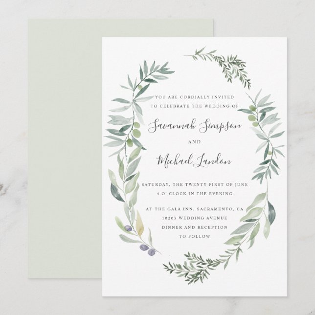 Liebliche Hochzeit mit Olivenöl und Blätter Einladung (Vorne/Hinten)