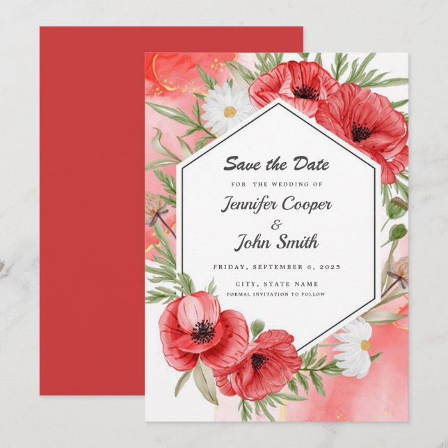 Liebliche Hochzeit mit Roten Poppies in Wasserfarb Save The Date (Vorne/Hinten)