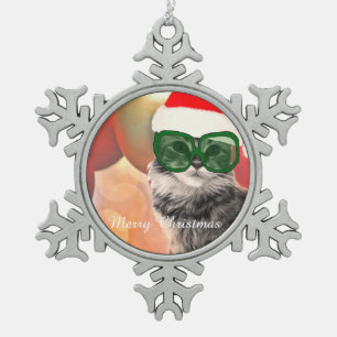 Liebliche Katze mit Weihnachtsmannmütze Schneeflocken Zinn-Ornament