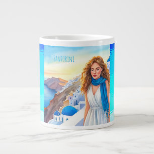 Liebliche Lady in einem blauen Scraft Genießen San Jumbo-Tasse